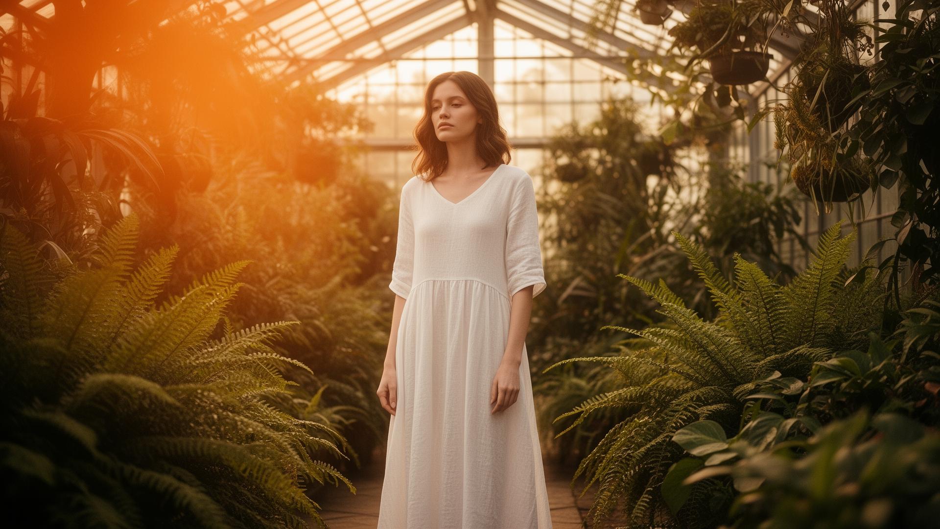 Woman in a sunlit fern greenhouse
